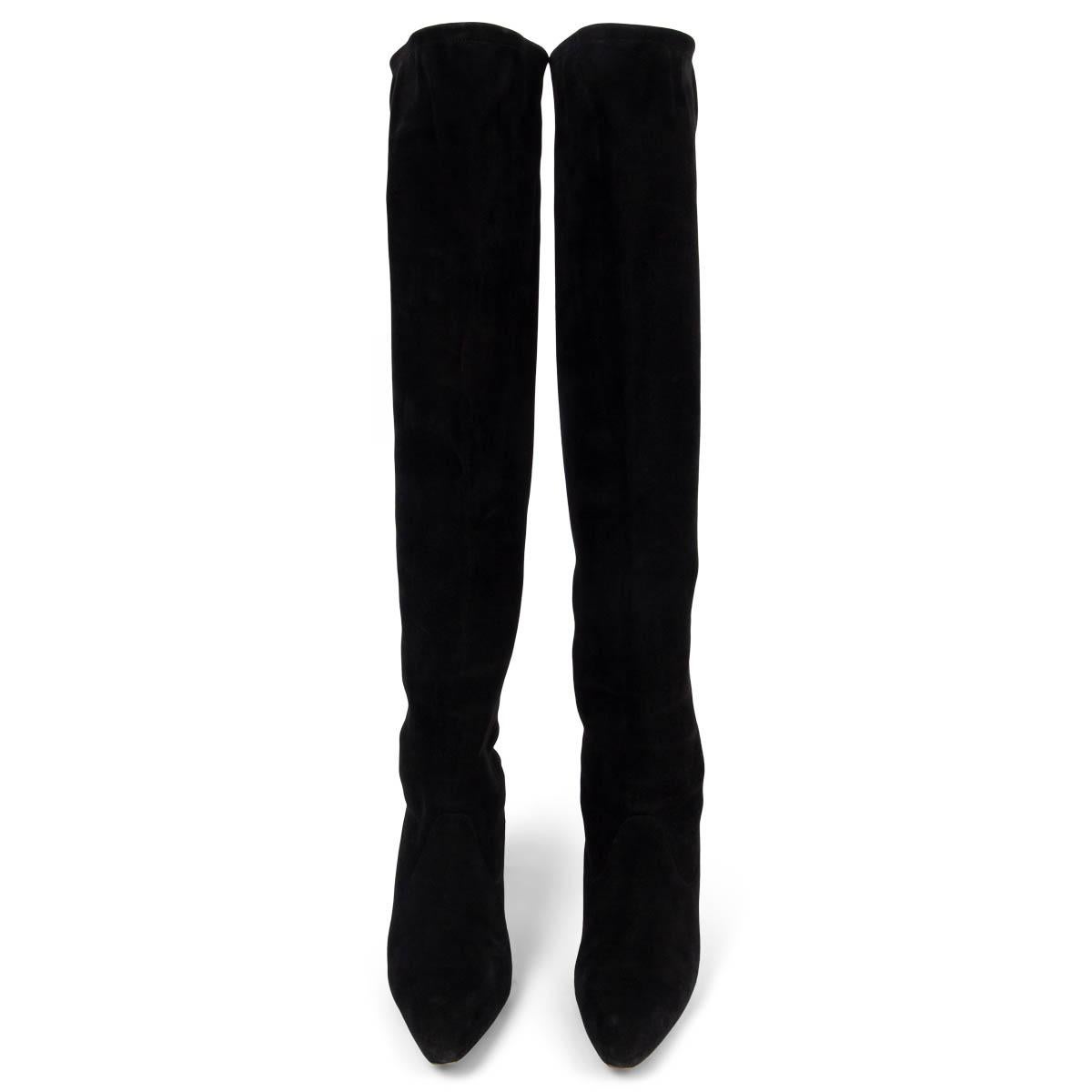100% authentic Manolo Blahnik pointed-toe knee-high stretchy boots in black suede. Have been worn and show soft creasing on the top. Overall in very good condition. 

Measurements
Imprinted Size	36
Shoe Size	36
Inside Sole	23cm (9in)
Width	7cm