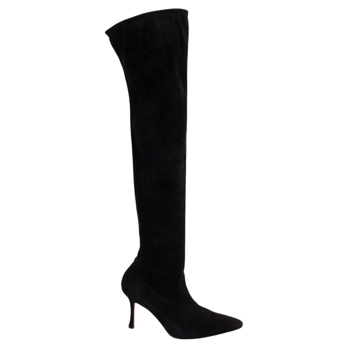 MANOLO BLAHNIK black suede Pointed Toe Knee High Boots Shoes 36 For Sale