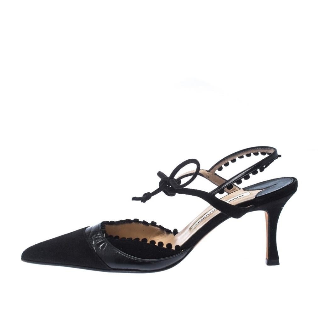 Keep it casual and chic with these suede sandals. These are at their stylish best and are fitted with a leather sole for an added flair. Wear these sandals from the house of Manolo Blahnik and channel your inner fashionista. This black pair is