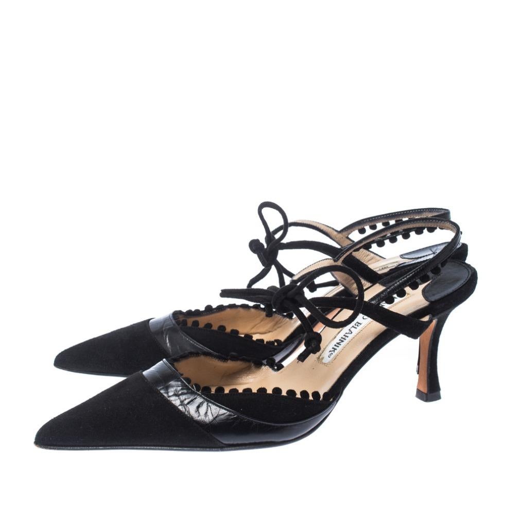 Women's Manolo Blahnik Black Suede Pointed Toe Tie Ankle Sandals Size 36.5