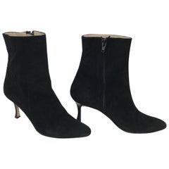 Manolo Blahnik Black Suede Side Zip High Heel Booties 37