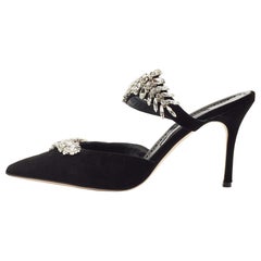 Manolo Blahnik Black Velvet Crystal Lurum Crystal Mary Jane Pumps Size 42