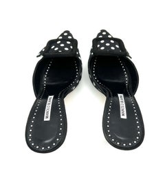 Manolo Blahnik Black & White Maysale Polka Dot Buckle Mules, Size 39.5