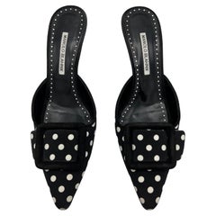 Manolo Blahnik Black & White Maysale Polka Dot Buckle Mules, Size 39.5