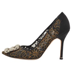 Manolo Blahnik Black/Yellow Satin and Lace Hangisi Pumps Size 37