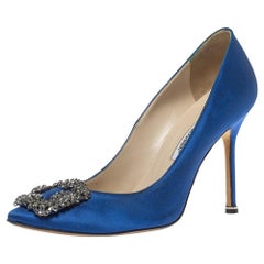 Manolo Blahnik Bllue Satin Hangisi Crystal Embellished Pumps Size 38.5