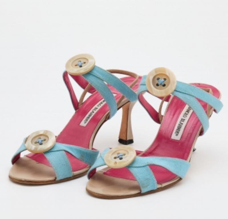Gray Manolo Blahnik Blue Canvas Button Strappy Slide Sandals Size 39.5 For Sale