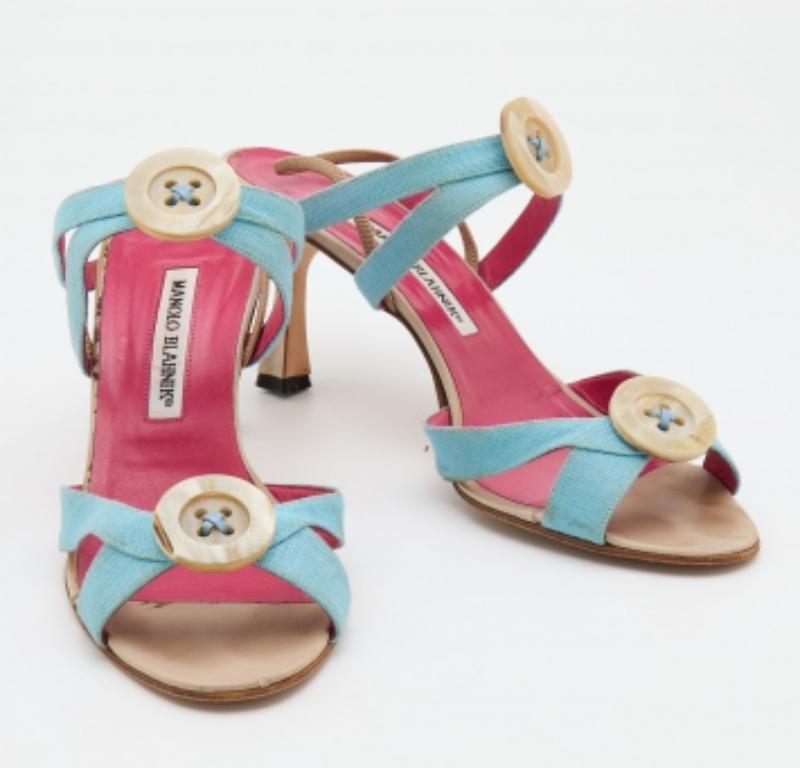 Women's Manolo Blahnik Blue Canvas Button Strappy Slide Sandals Size 39.5 For Sale