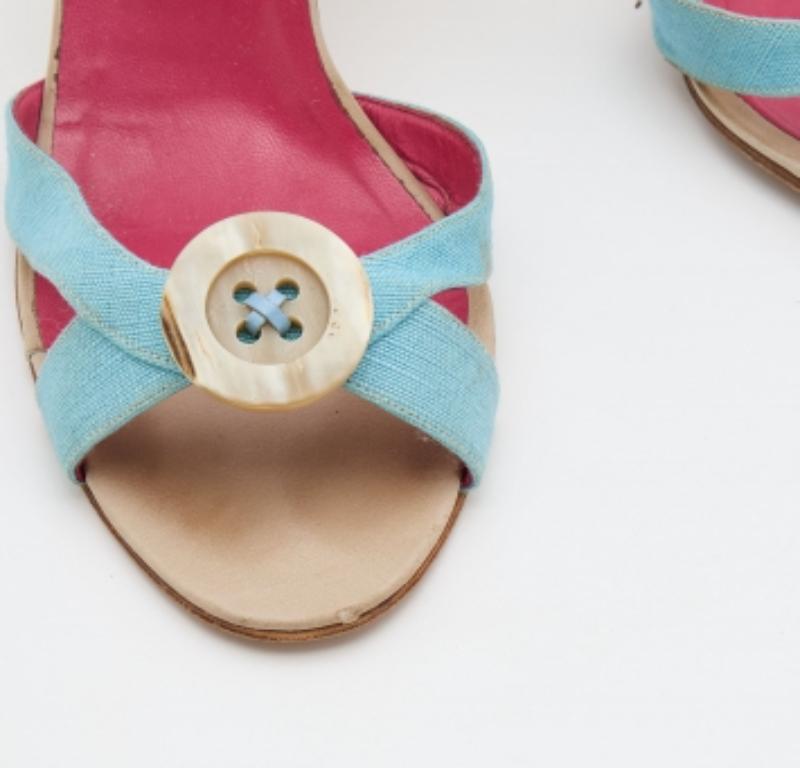 Manolo Blahnik Blue Canvas Button Strappy Slide Sandals Size 39.5 For Sale 1