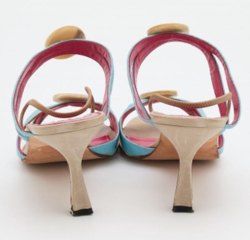 Manolo Blahnik Blue Canvas Button Strappy Slide Sandals Size 39.5 For Sale 2