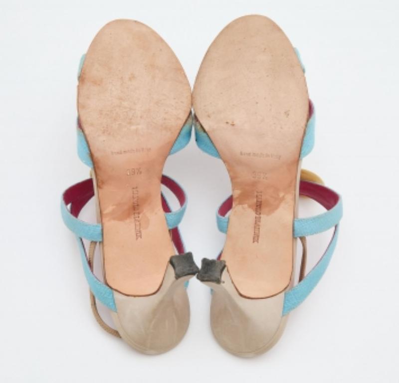 Manolo Blahnik Blue Canvas Button Strappy Slide Sandals Size 39.5 For Sale 3
