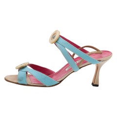 Manolo Blahnik Blue Canvas Button Strappy Slide Sandals Size 39.5