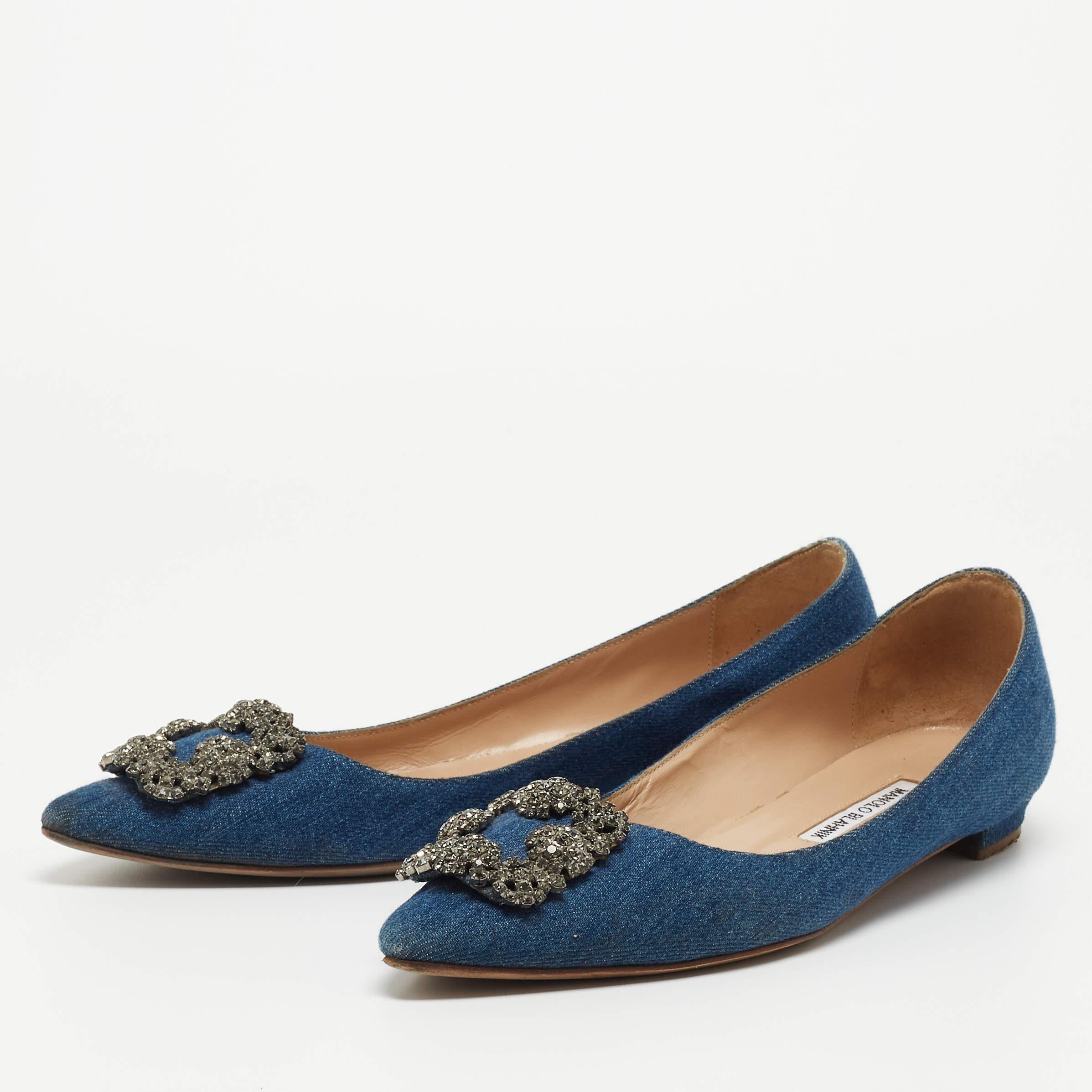 Women's Manolo Blahnik Blue Denim Hangisi Embellished Pointed Toe Ballet Flats Size 40.5