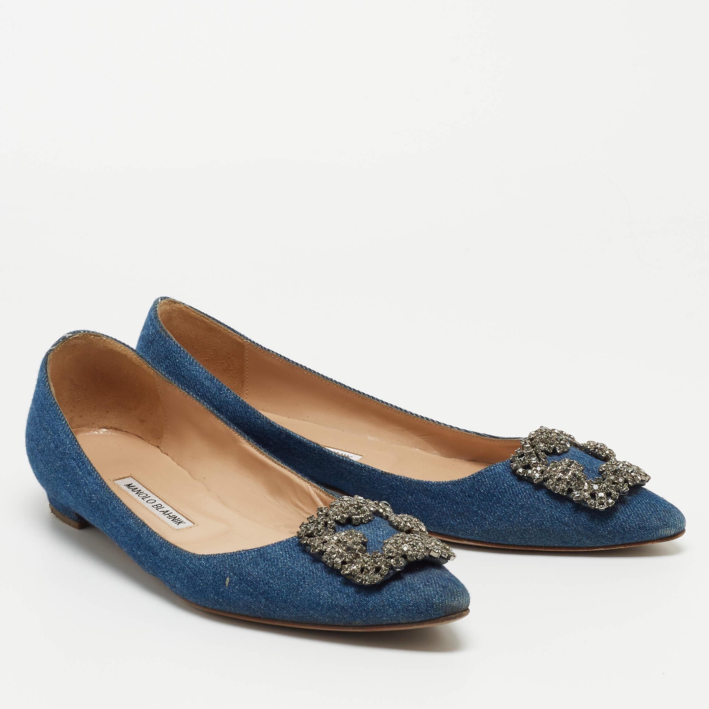 Manolo Blahnik Blue Denim Hangisi Embellished Pointed Toe Ballet Flats Size 40.5 1
