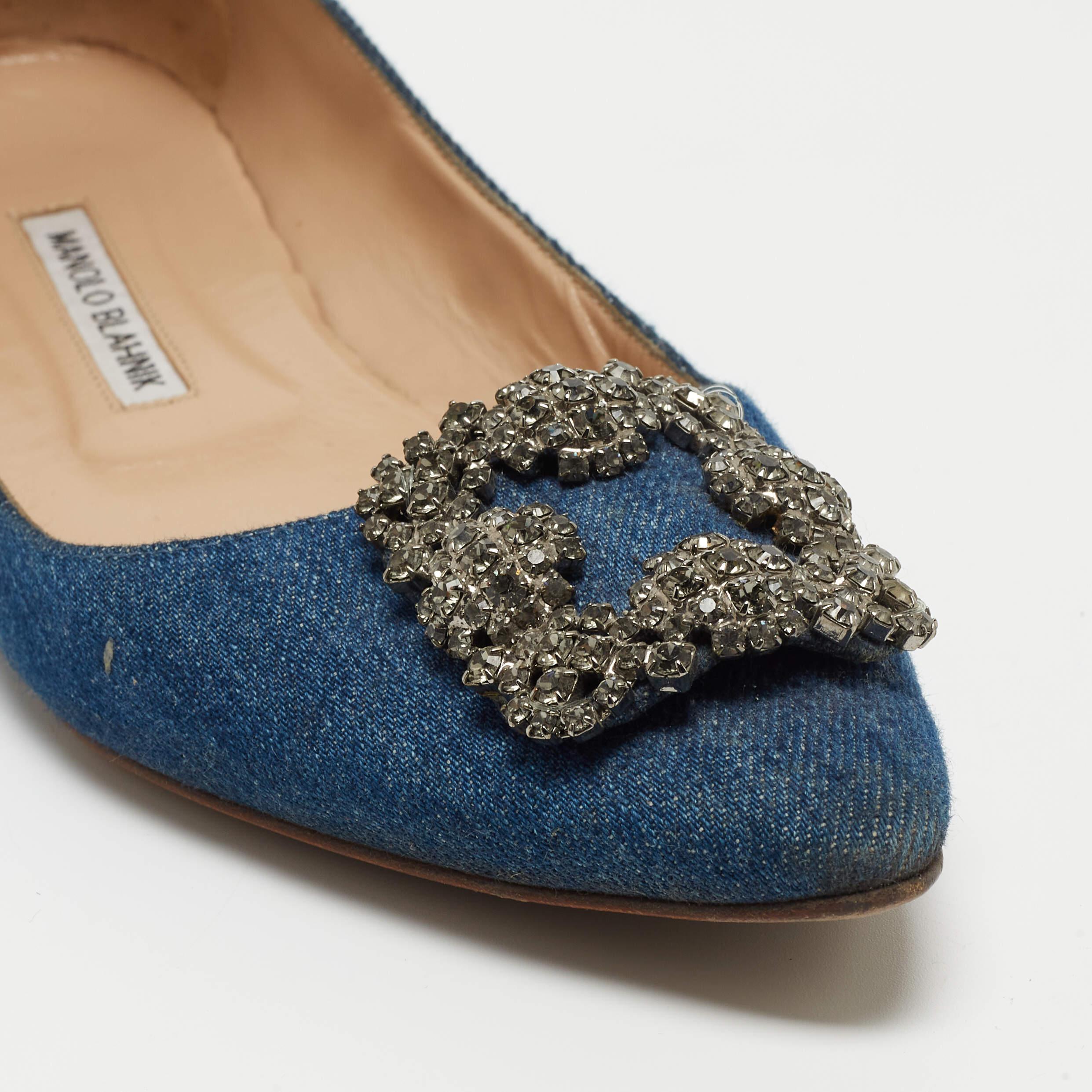 Manolo Blahnik Blue Denim Hangisi Embellished Pointed Toe Ballet Flats Size 40.5 2