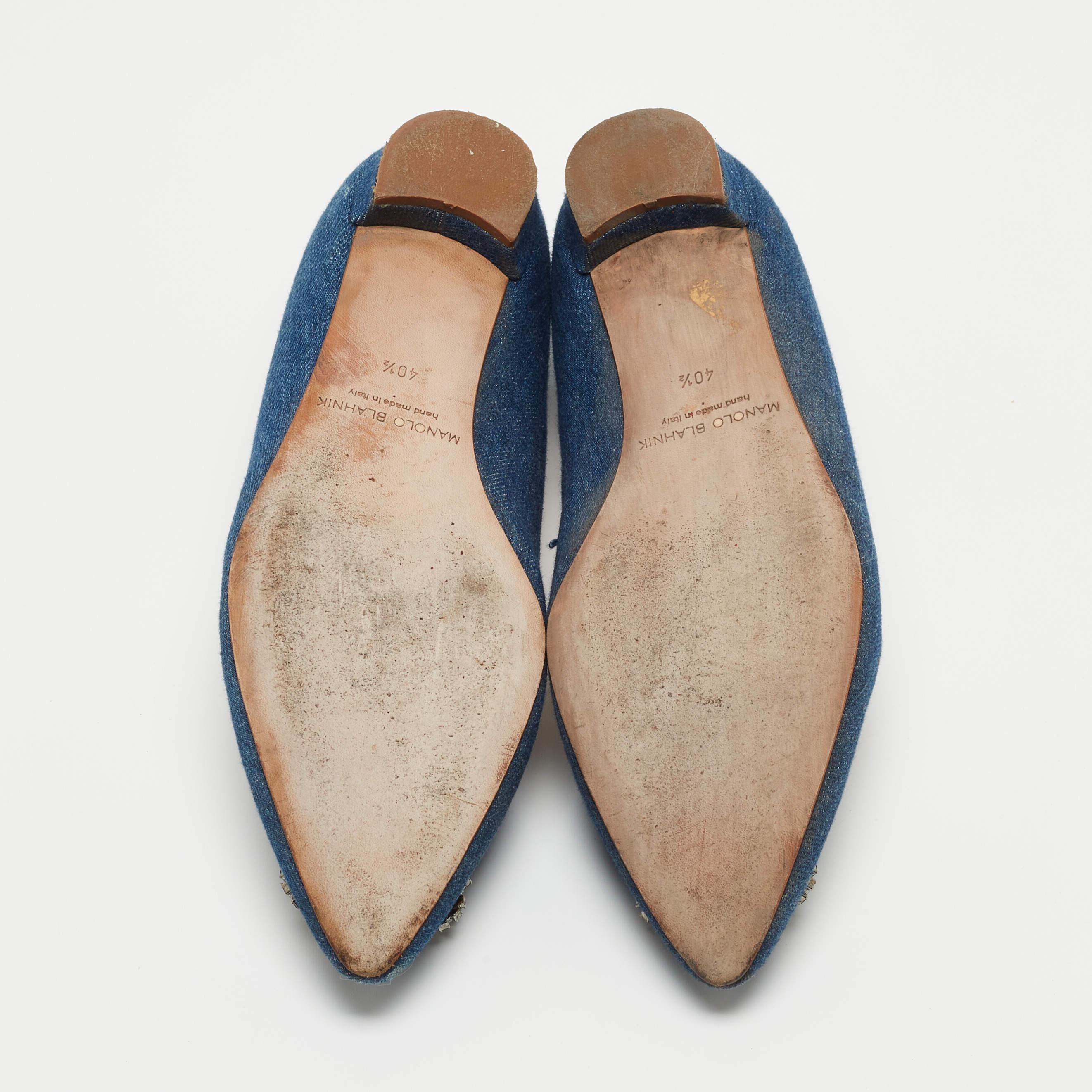 Manolo Blahnik Blue Denim Hangisi Embellished Pointed Toe Ballet Flats Size 40.5 4