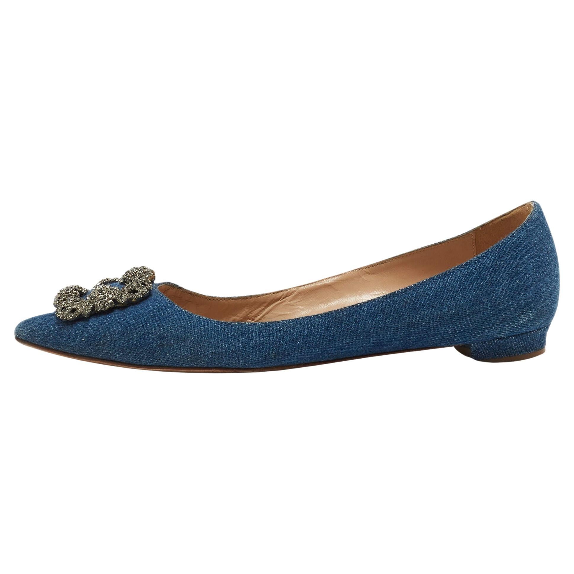 Manolo Blahnik Blue Denim Hangisi Embellished Pointed Toe Ballet Flats Size 40.5