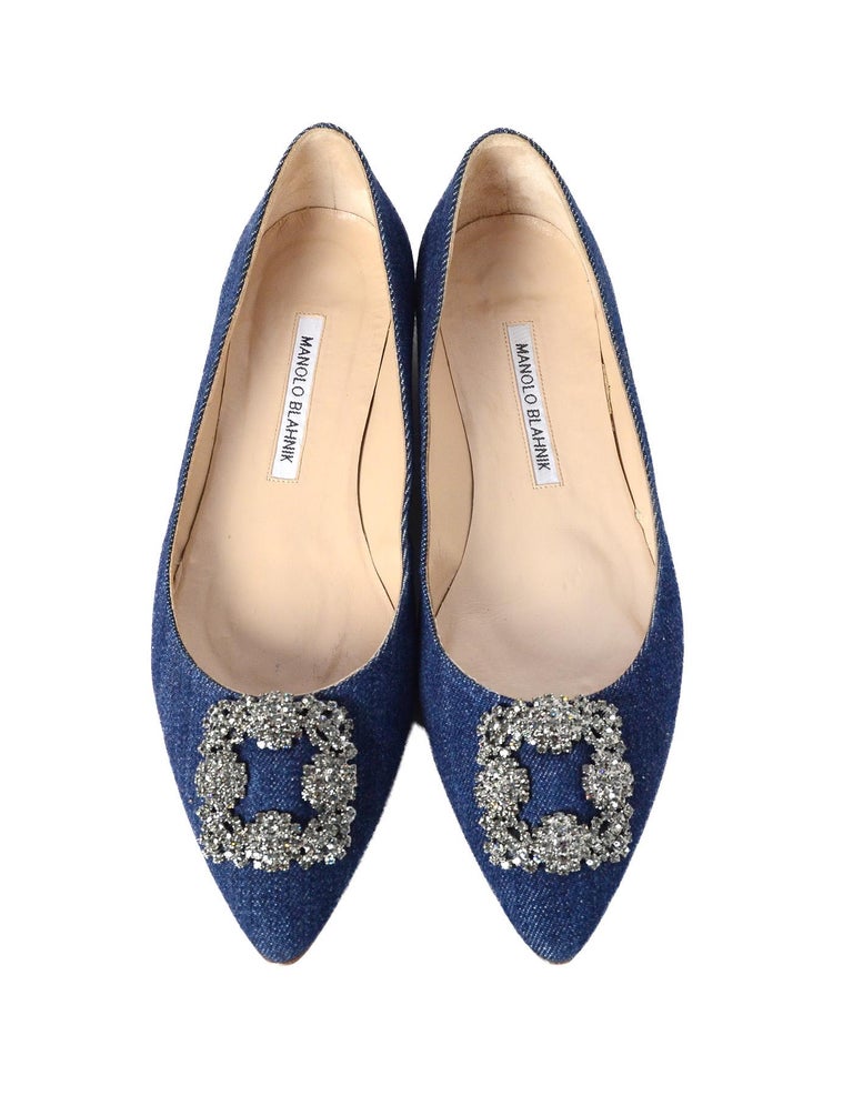 Manolo Blahnik Blue Denim Hangisi Flats W/ Crystals Sz 39.5 For Sale at ...