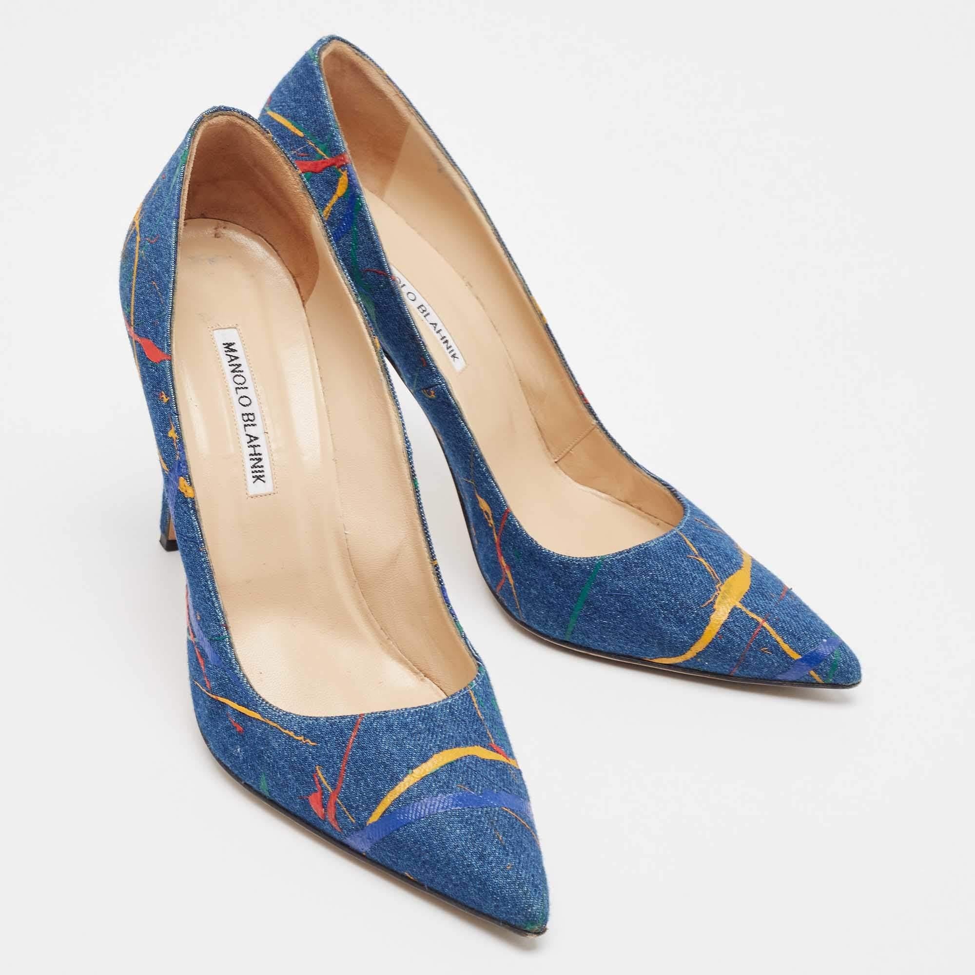 Women's Manolo Blahnik Blue Denim Paint Splatter BB Pumps Size 42