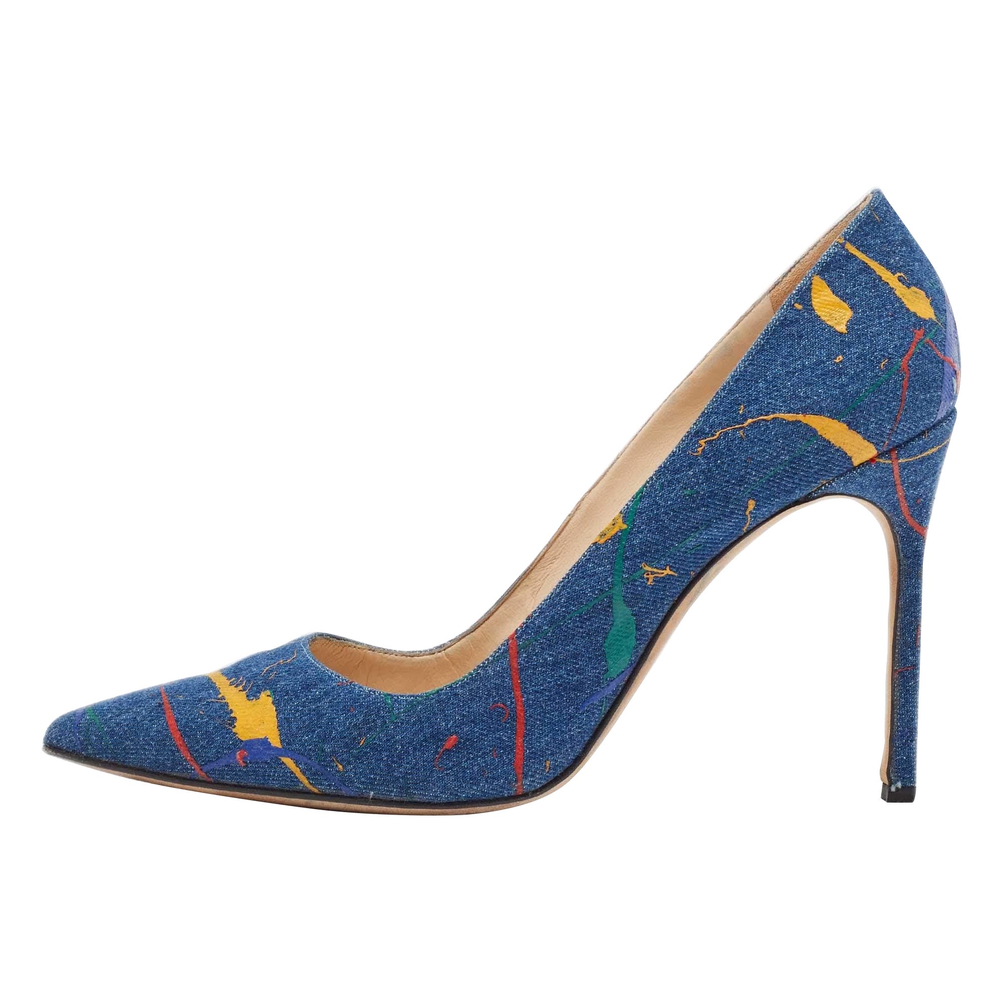 Manolo Blahnik Blue Denim Paint Splatter BB Pumps Size 42