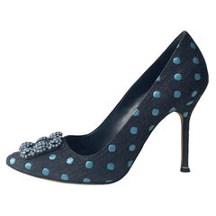 Manolo Blahnik Blue Denim Polka Dot Hangisi Crystal Buckle Pumps sz 39