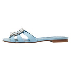 Manolo Blahnik Blue Fabric Crystal Embellished Flat Slides Size 40
