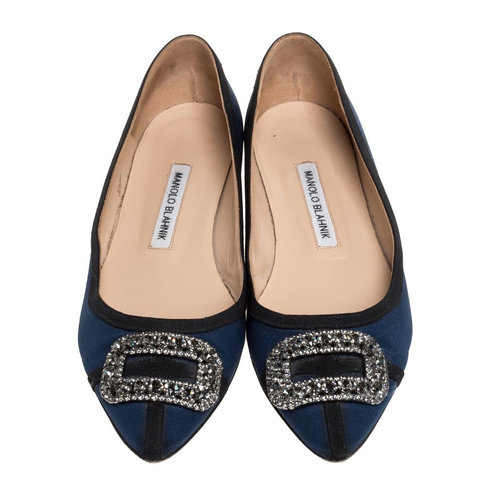 Black Manolo Blahnik Blue Fabric Hangisi Crystal Embellished Ballet Flats Size 39.5