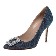 Used Manolo Blahnik Blue Glitter Fabric Hangisi Crystal Embellished Pumps Size 37