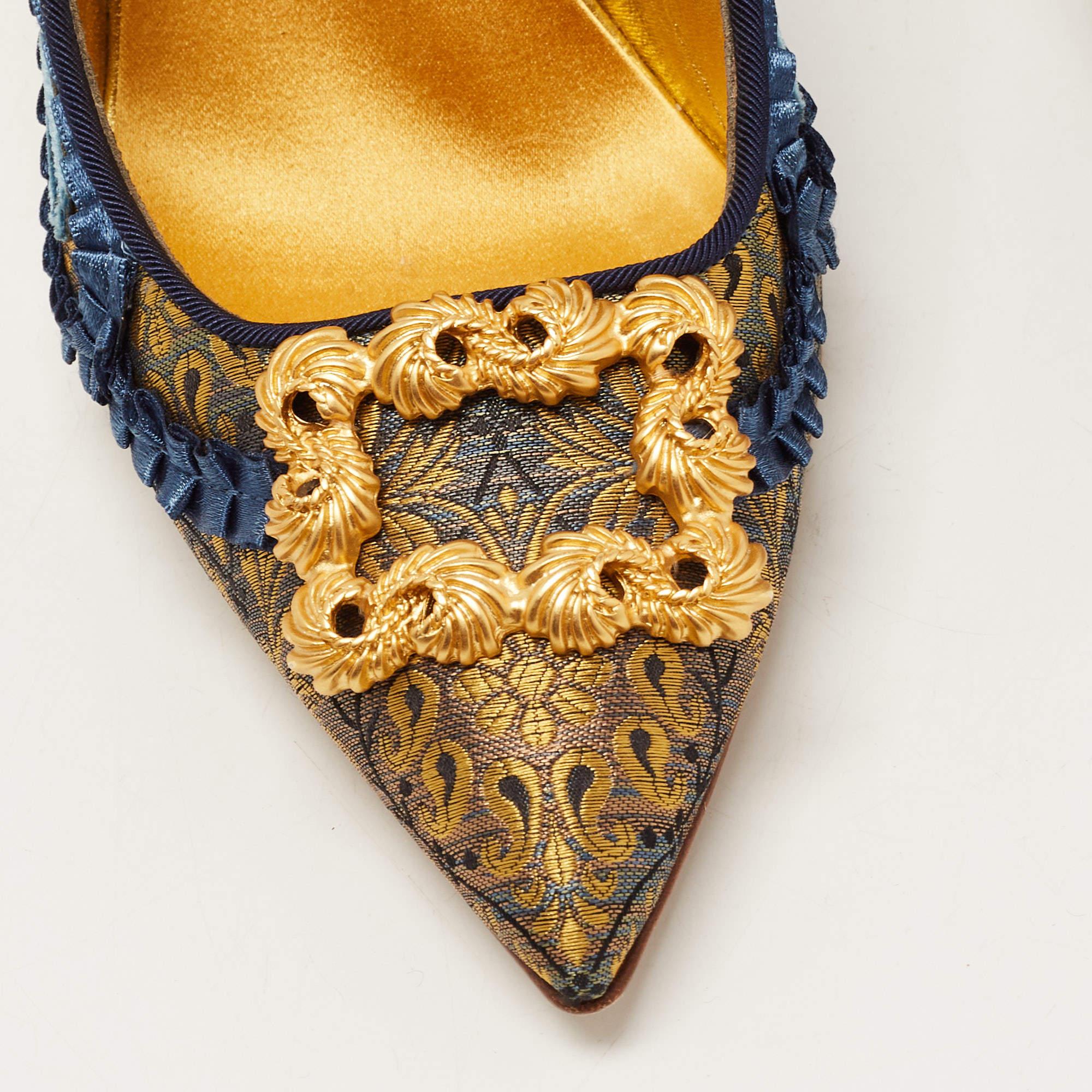 Women's Manolo Blahnik Blue/Gold Brocade Fabric Buckle Pumps Size 36
