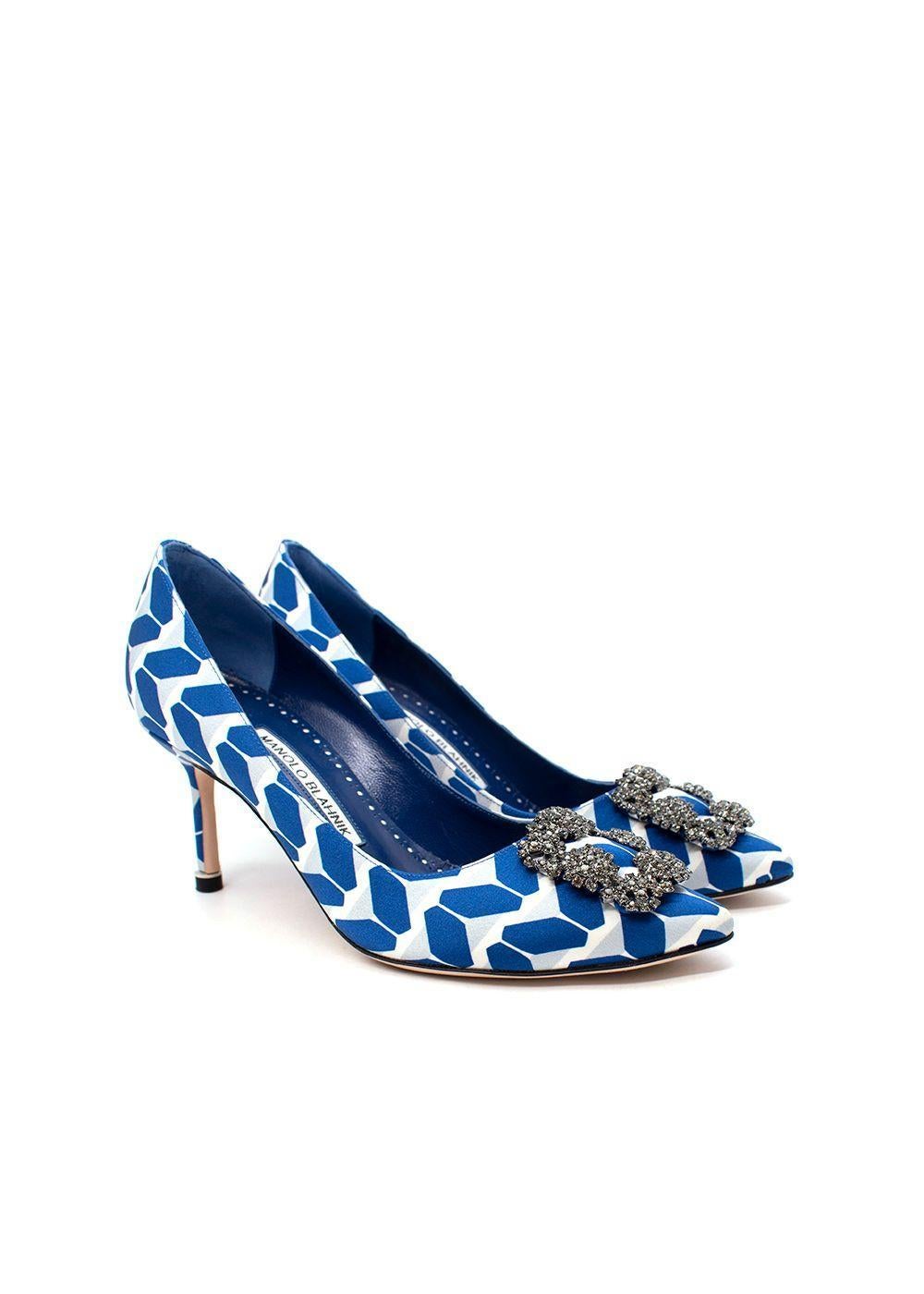 Manolo Blahnik Blue Hangisi 105 Cosmo Embellished Pumps

- Vibrant block pattern print on silk satin
- Swarovski crystal-embellished buckle
- Covered stiletto heel
- Blue leather lined
- Contrasting nude leather sole
- Limited edition