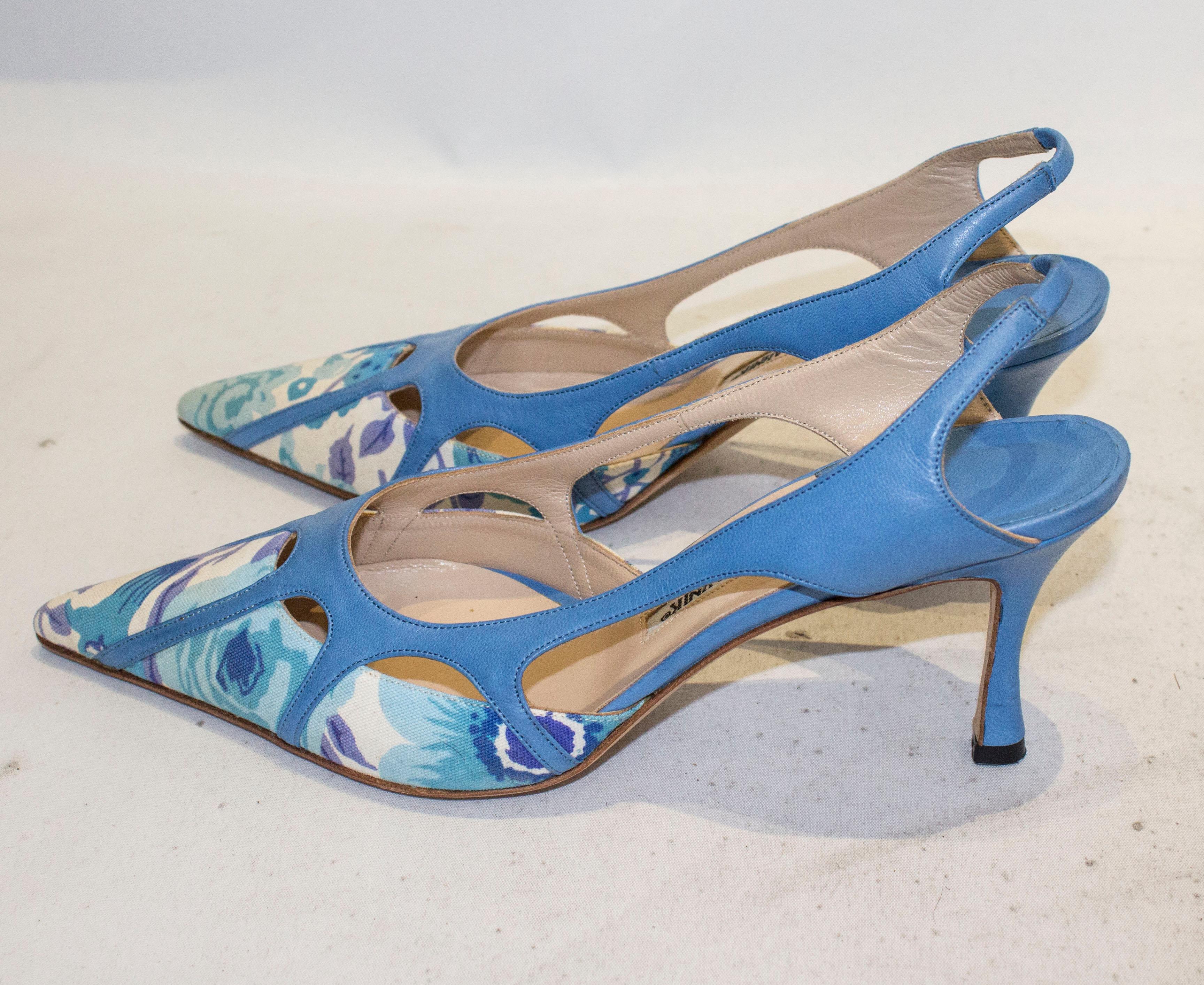 Gray Manolo Blahnik Blue Leather and Fabric Sling Back Shoes