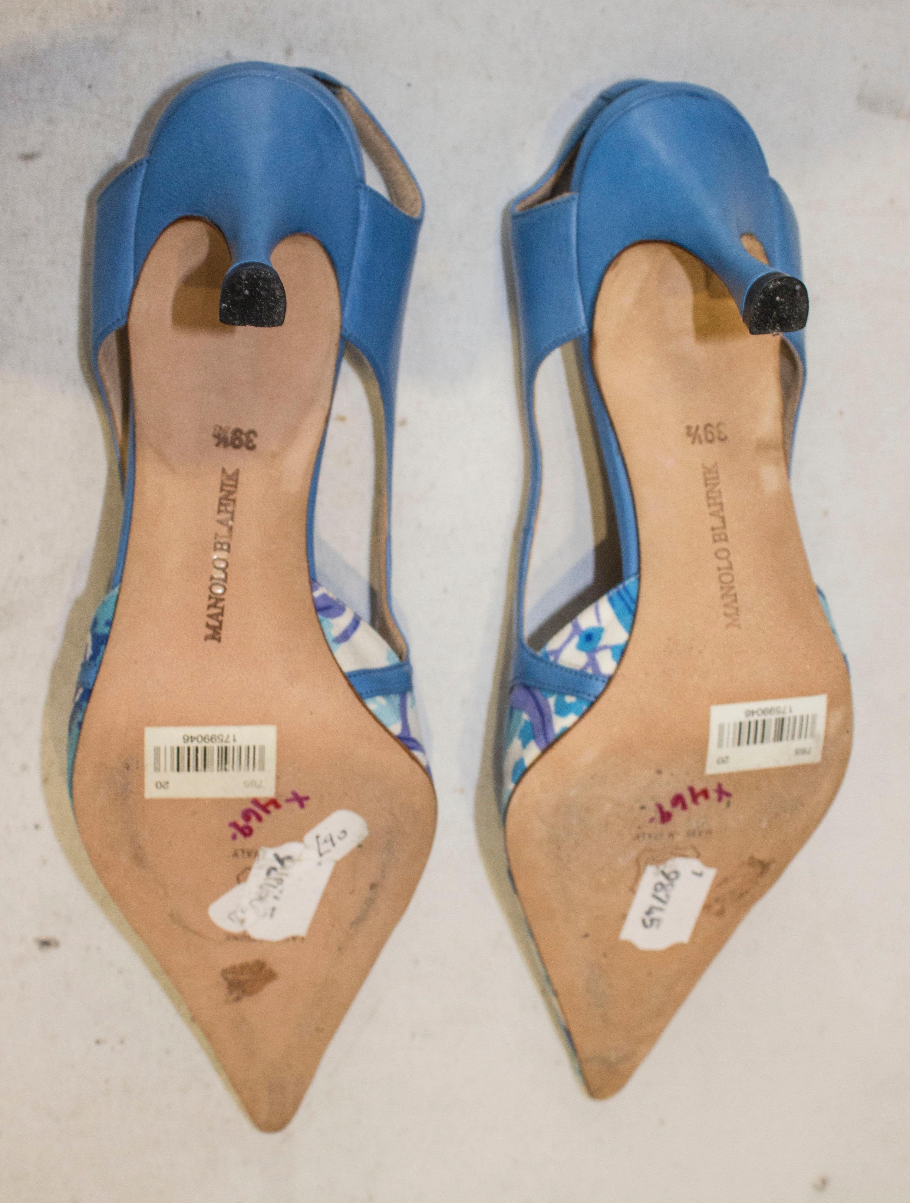 Women's Manolo Blahnik Blue Leather and Fabric Sling Back Shoes