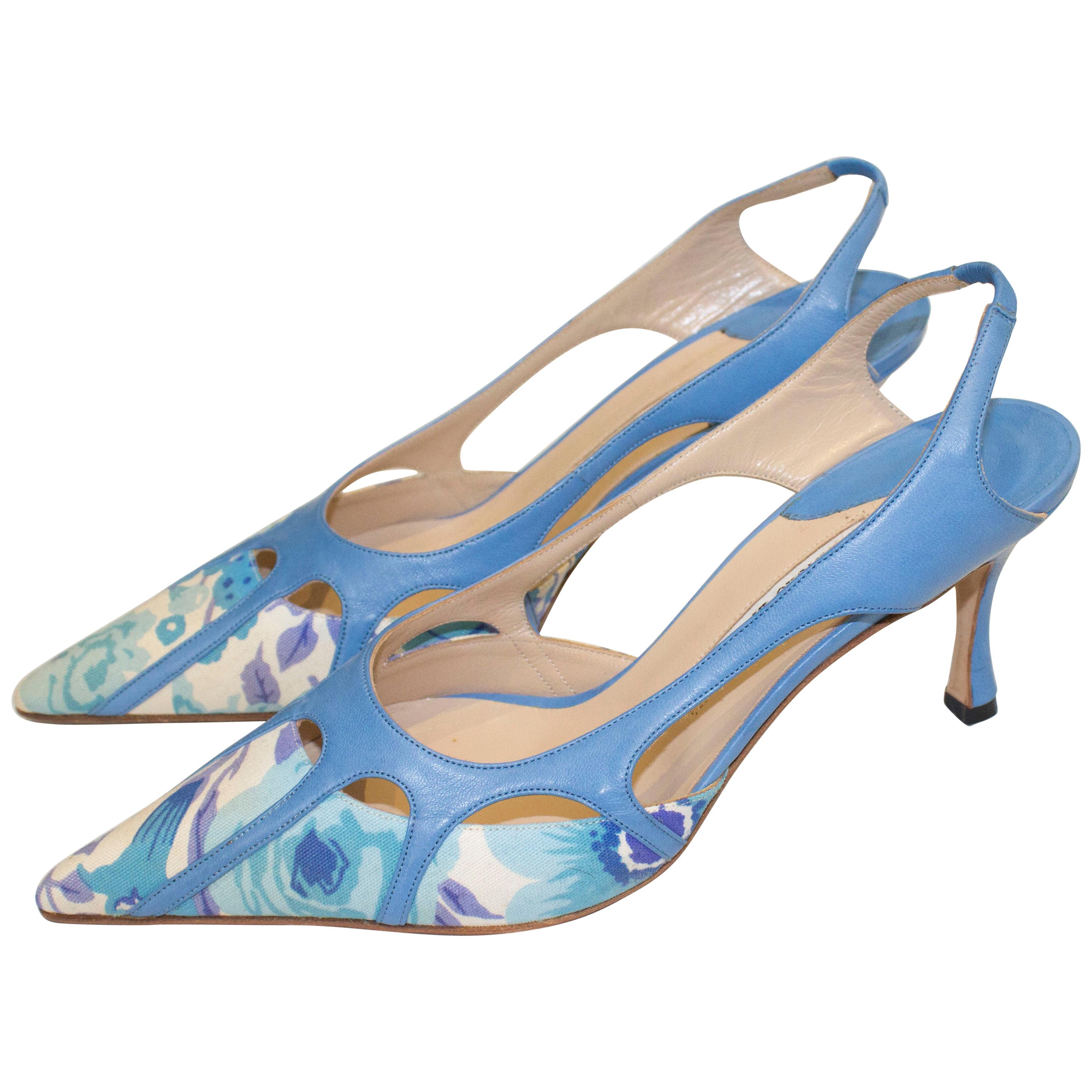 Manolo Blahnik Blue Leather and Fabric Sling Back Shoes