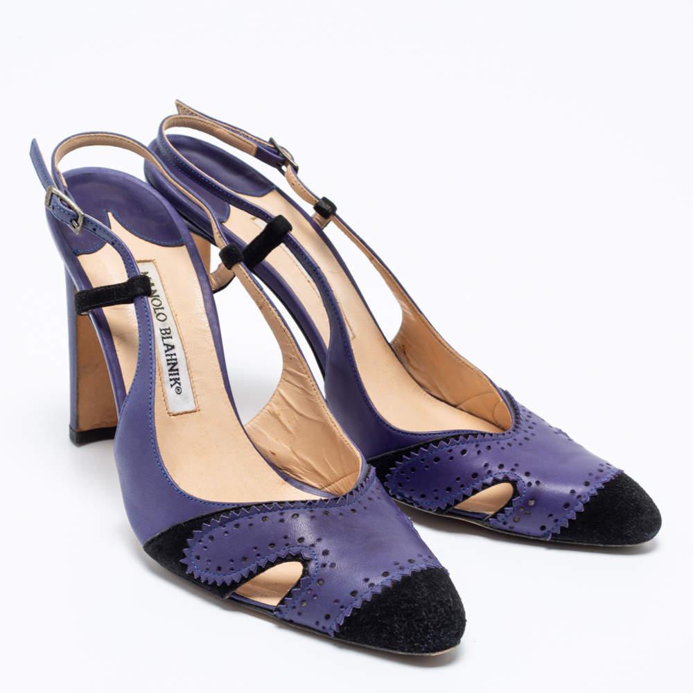 Women's Manolo Blahnik Blue Leather & Suede Barrie Spectator Slingback Sandals Size 40