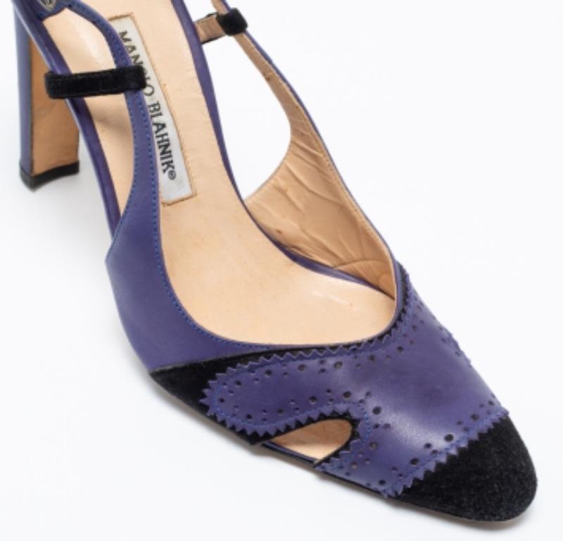 Women's Manolo Blahnik Blue Leather & Suede Barrie Spectator Slingback Sandals Size 40 For Sale