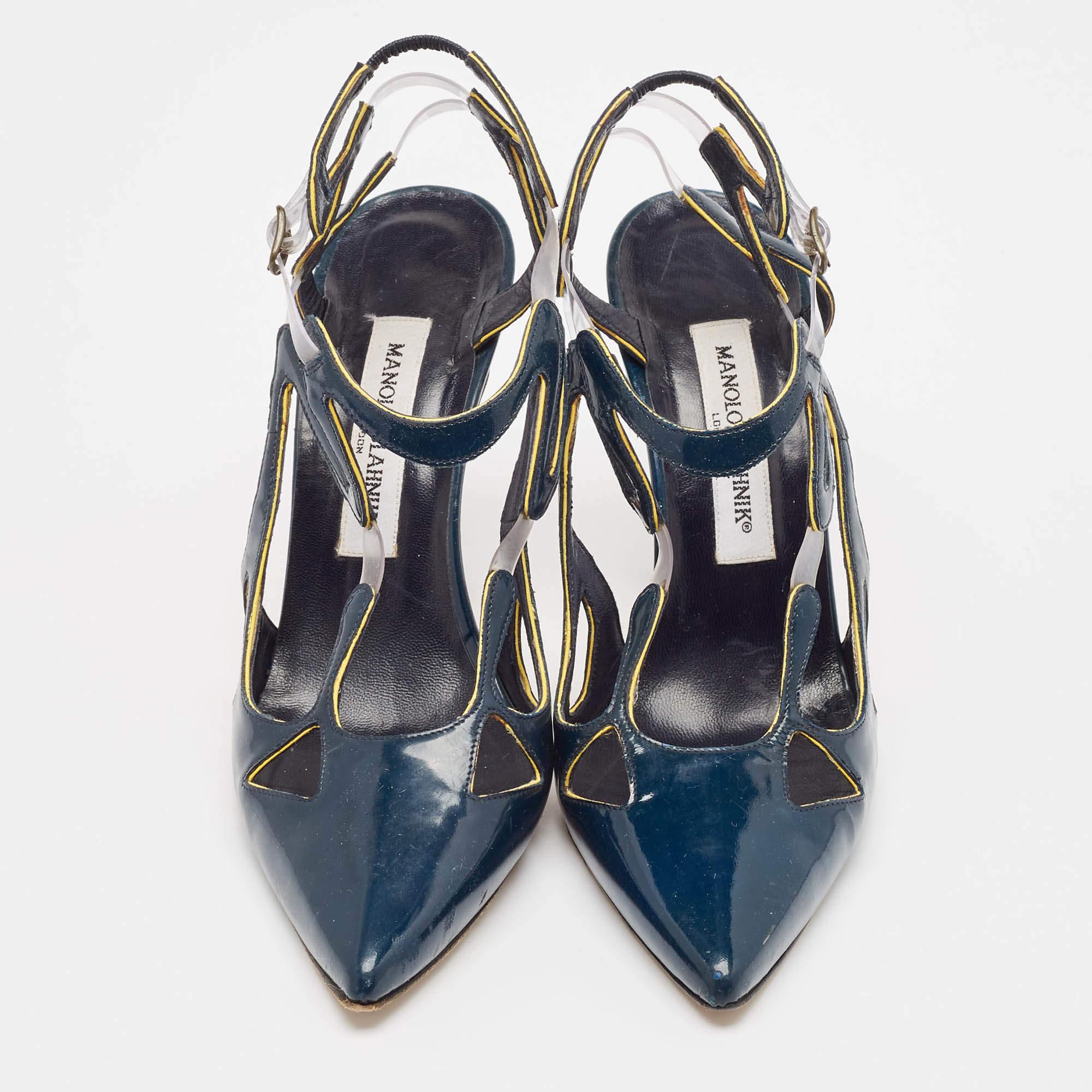 Black Manolo Blahnik Blue Patent Leather and PVC Pumps Size 37.5 For Sale