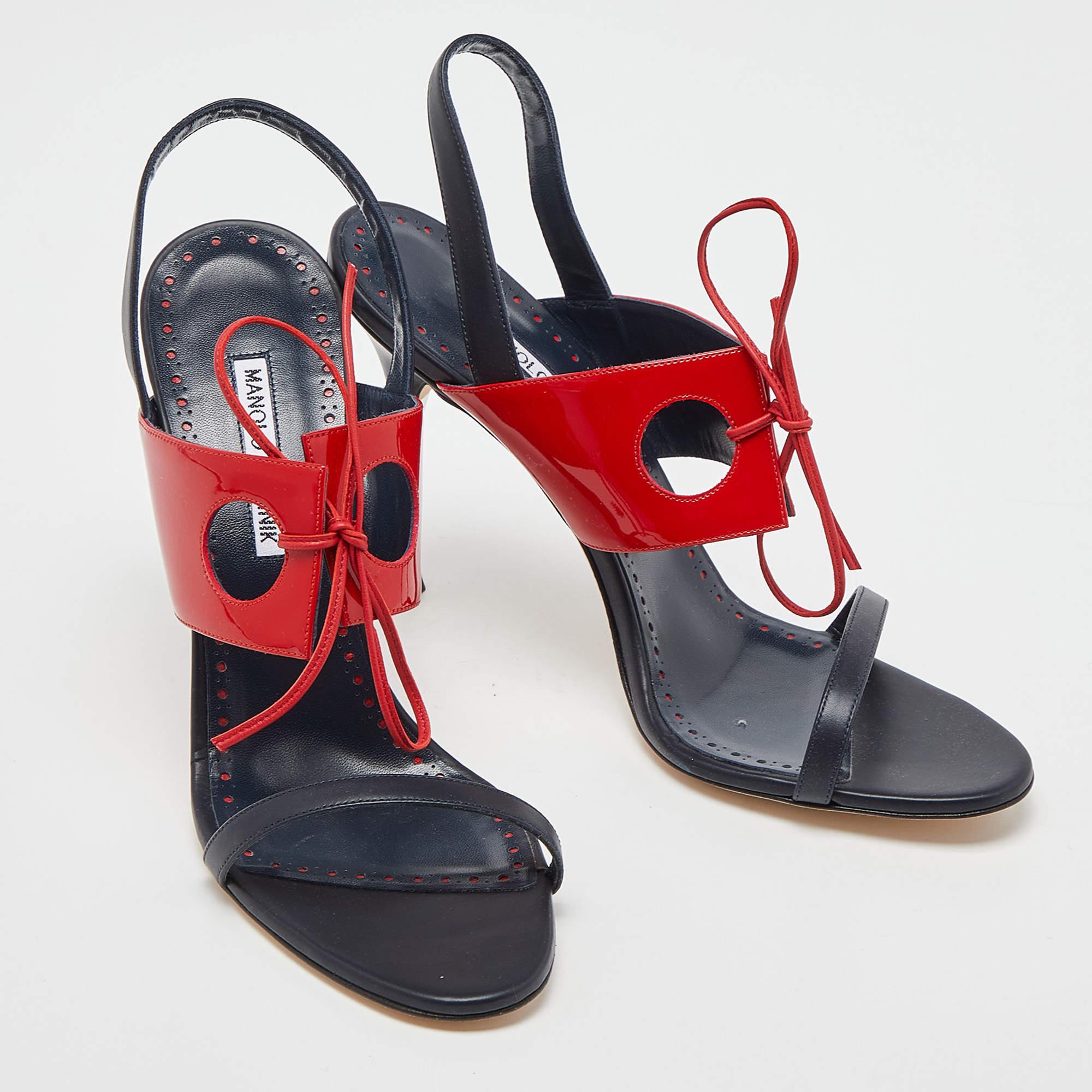 Manolo Blahnik Blue/Red Leather and Patent Ankle Strap Sandals In New Condition For Sale In Dubai, Al Qouz 2