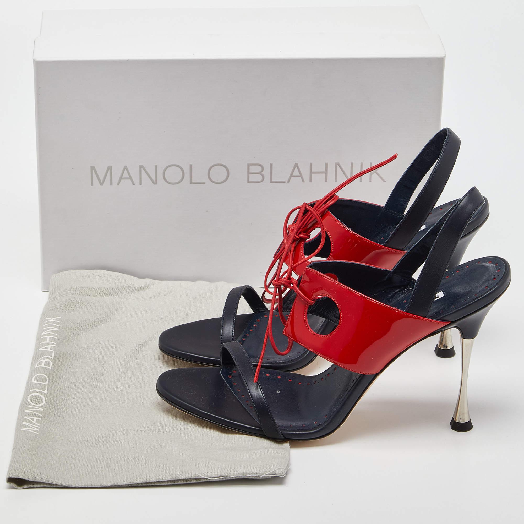 Women's Manolo Blahnik Blue/Red Leather and Patent Ankle Strap Sandals For Sale