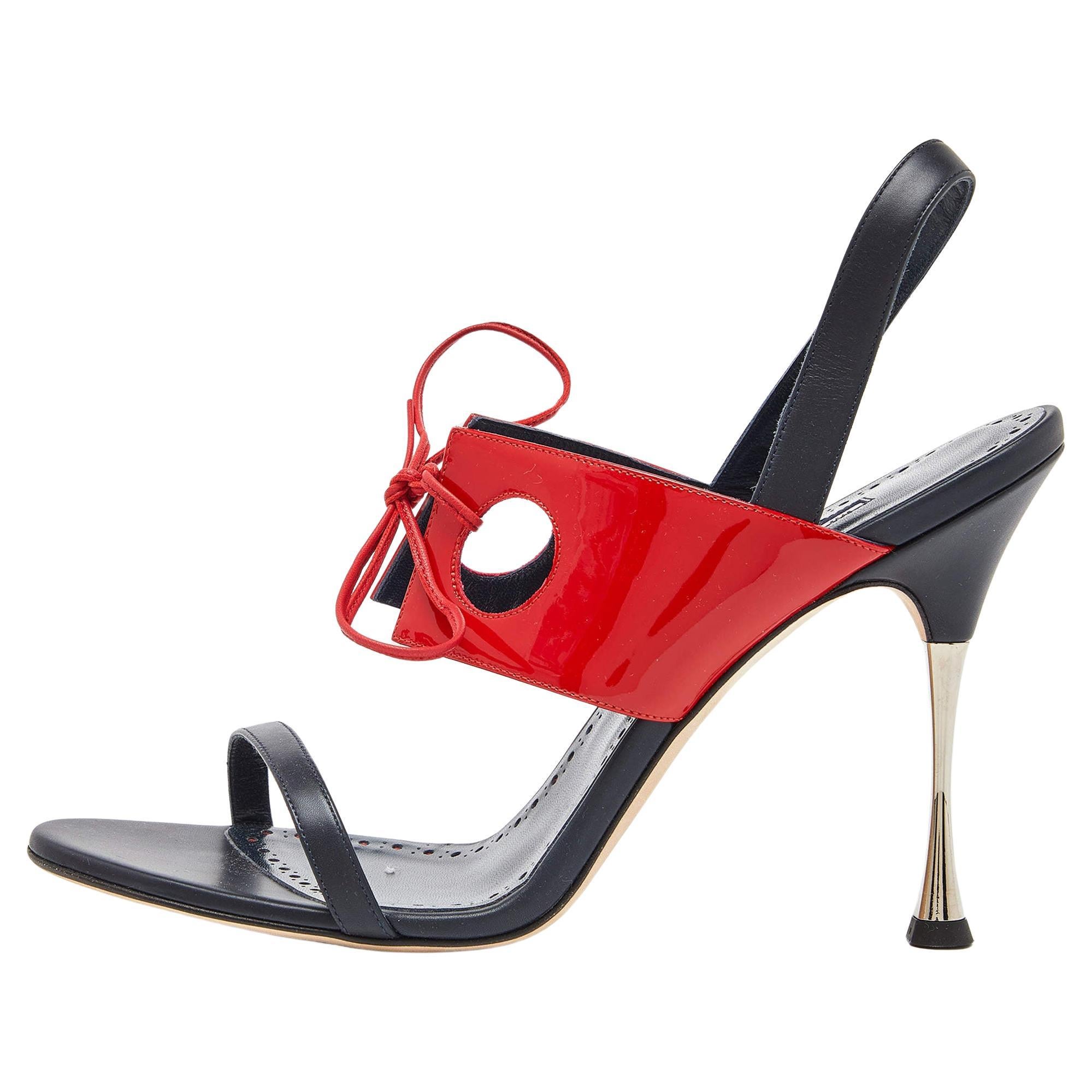 Manolo Blahnik Blue/Red Leather and Patent Ankle Strap Sandals For Sale