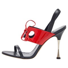 Manolo Blahnik Blue/Red Leather and Patent Ankle Strap Sandals