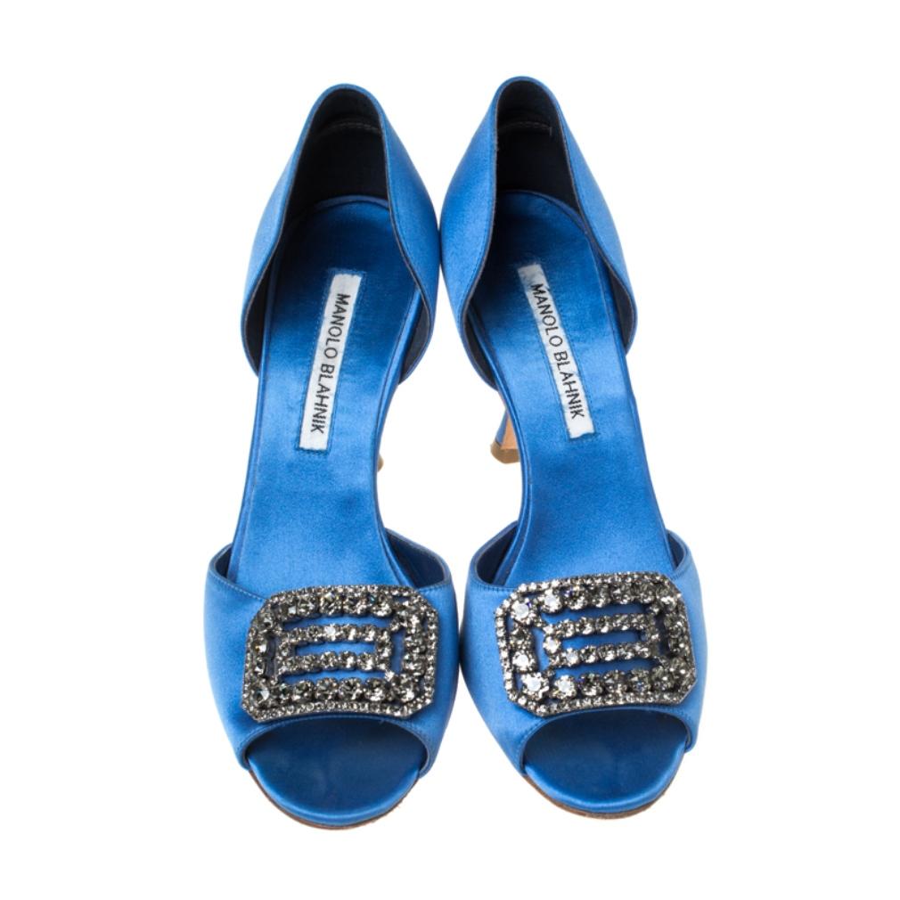 Manolo Blahnik Blue Satin Alicia Embellished Peep Toe Sandals Size 37 In Fair Condition In Dubai, Al Qouz 2