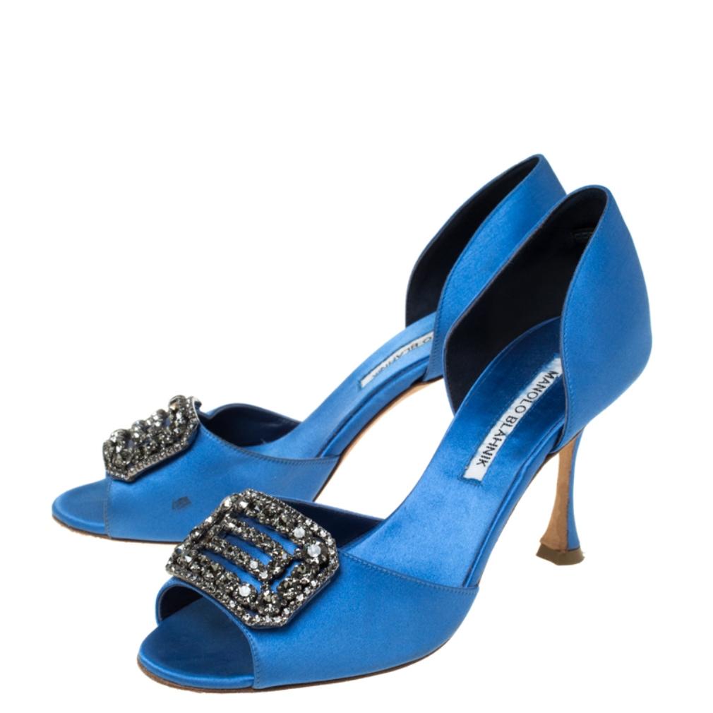 Women's Manolo Blahnik Blue Satin Alicia Embellished Peep Toe Sandals Size 37