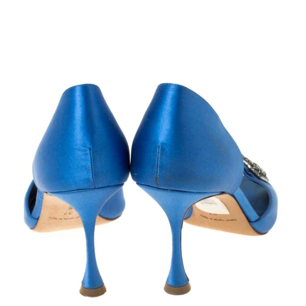 Manolo Blahnik Blue Satin Alicia Embellished Peep Toe Sandals Size 37 1
