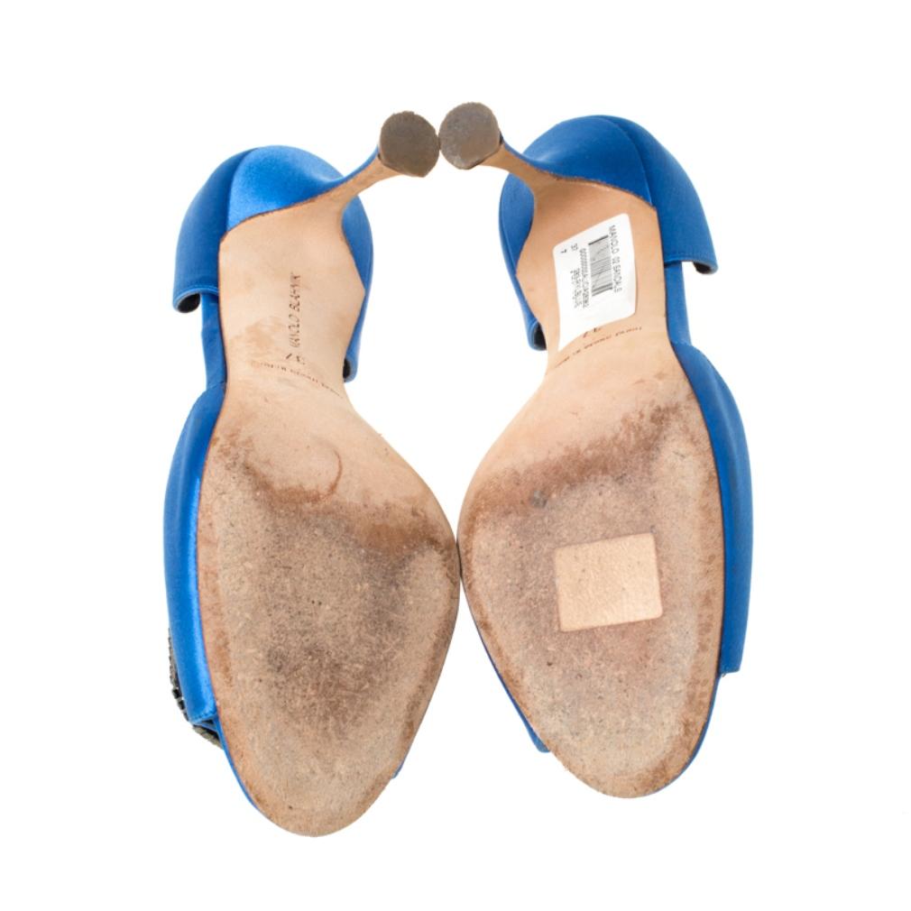 Manolo Blahnik Blue Satin Alicia Embellished Peep Toe Sandals Size 37 2