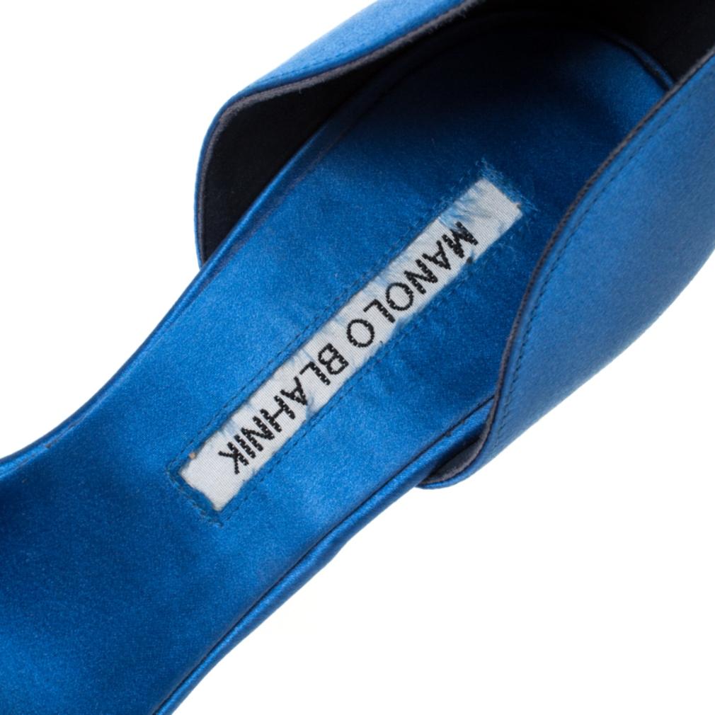 Manolo Blahnik Blue Satin Alicia Embellished Peep Toe Sandals Size 37 3