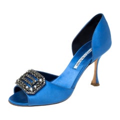 Manolo Blahnik Blue Satin Alicia Embellished Peep Toe Sandals Size 37