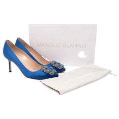 Used Manolo Blahnik Blue Satin Crystal Embellished Hangisi Heeled Pumps