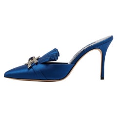 Manolo Blahnik Blue Satin Crystal Embellished Hosios Mules Size 39