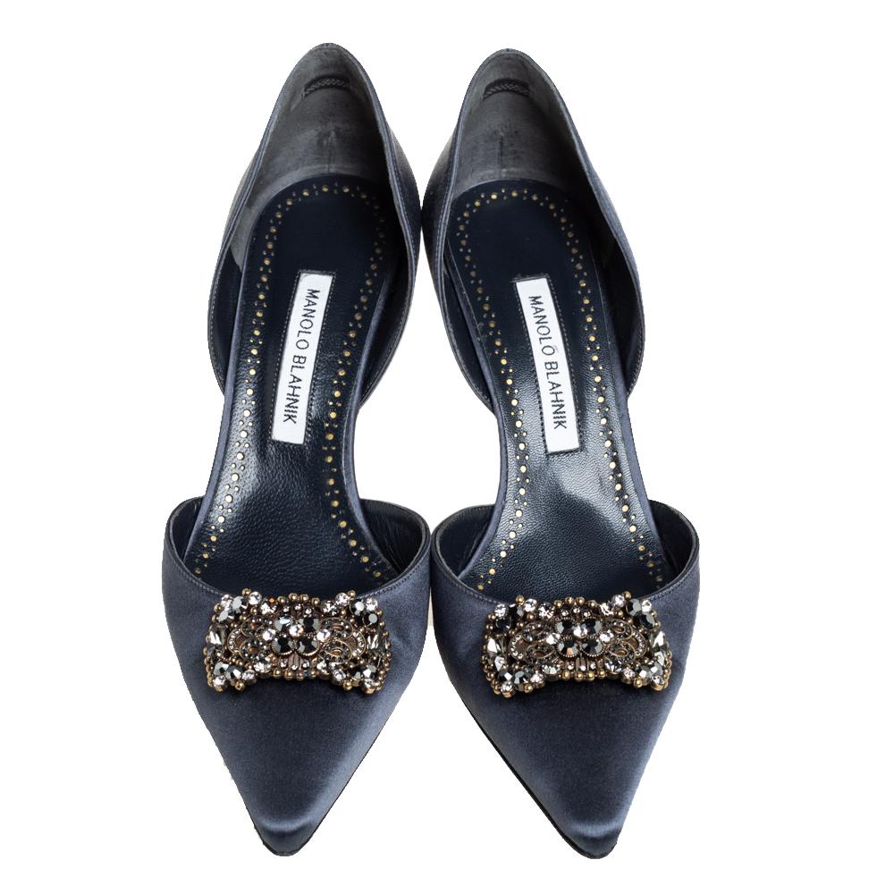 Black Manolo Blahnik Blue Satin Crystal Embellished Pumps Size 40.5