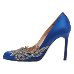 Manolo Blahnik Blue Satin Embellished Swan Pumps Size 37